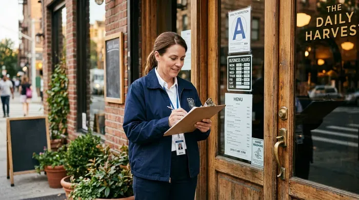 Inspecteur sanitaire vérifiant les affichages obligatoires à l'entrée d'un restaurant