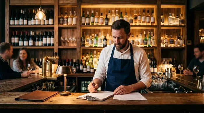 Comptoir de bar de restaurant avec bouteilles de vin et spiritueux, barman vérifiant des documents