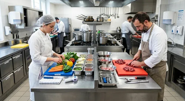 Cuisine professionnelle organisée avec zones propres et sales séparées, principe HACCP marche en avant