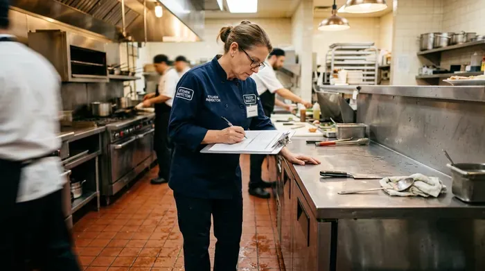 Inspecteur contrôlant les surfaces inox et le carrelage dans une cuisine professionnelle de restaurant
